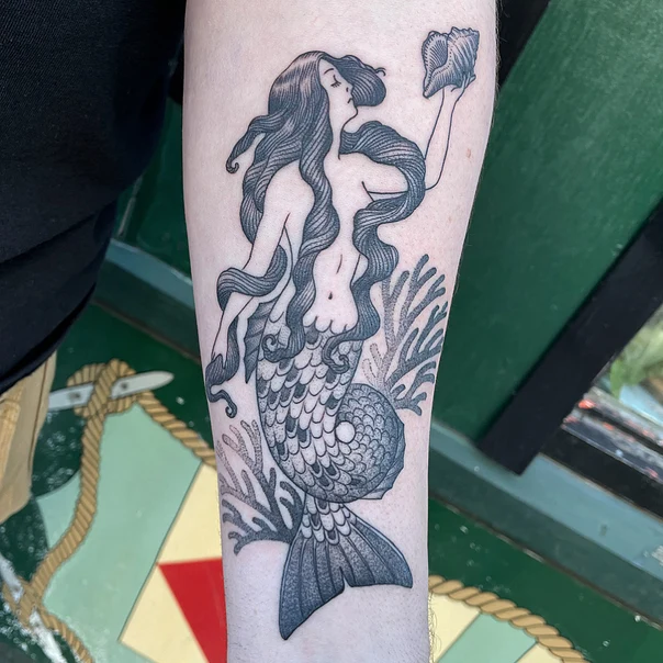 Blackwork Mermaid, Sea shell tattoo on Forearm