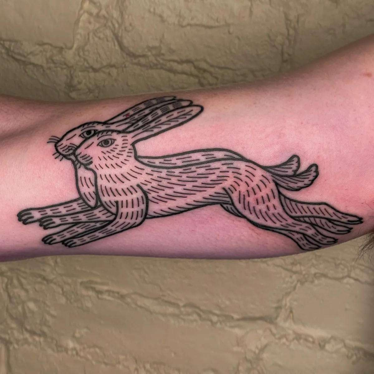 Running hare tattoo engraving