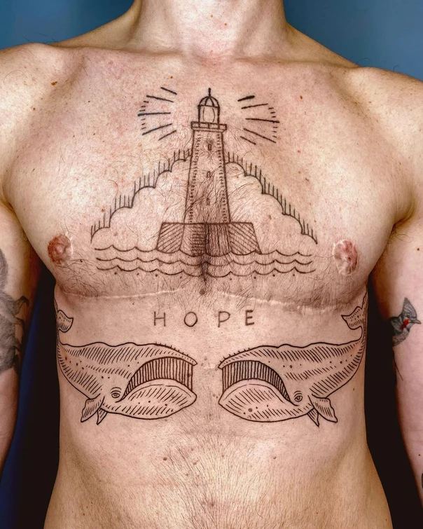 Linework Lighthouse, Whale tattoo on Chest