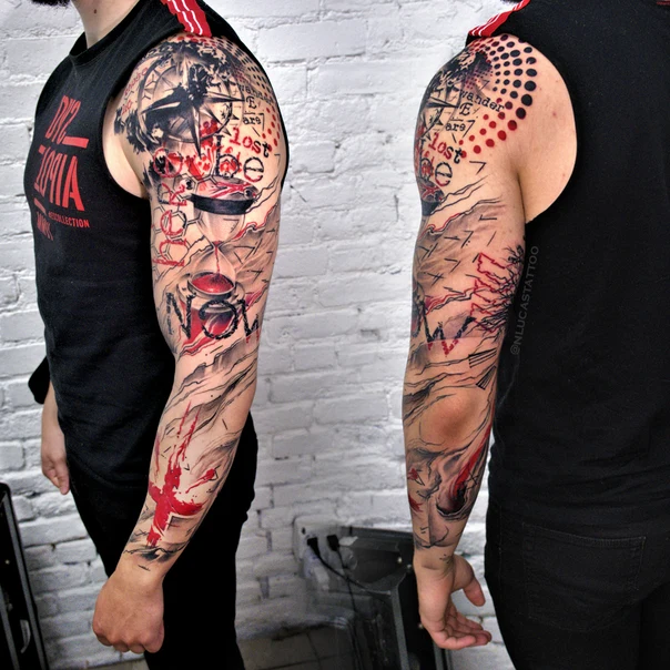Trash Polka Hourglass, Compass tattoo on Full Sleeve