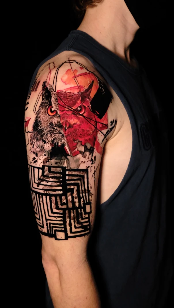 Abstract Owl, Geometric tattoo on Upper Arm