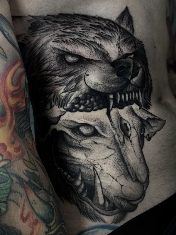 male black and grey black and grey 纹身 在 stomach #55792 | 纹身师 Илья Васильев (everblack_ink)