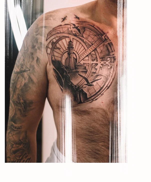 Чёрно-серая Lighthouse, Compass tattoo на Грудь