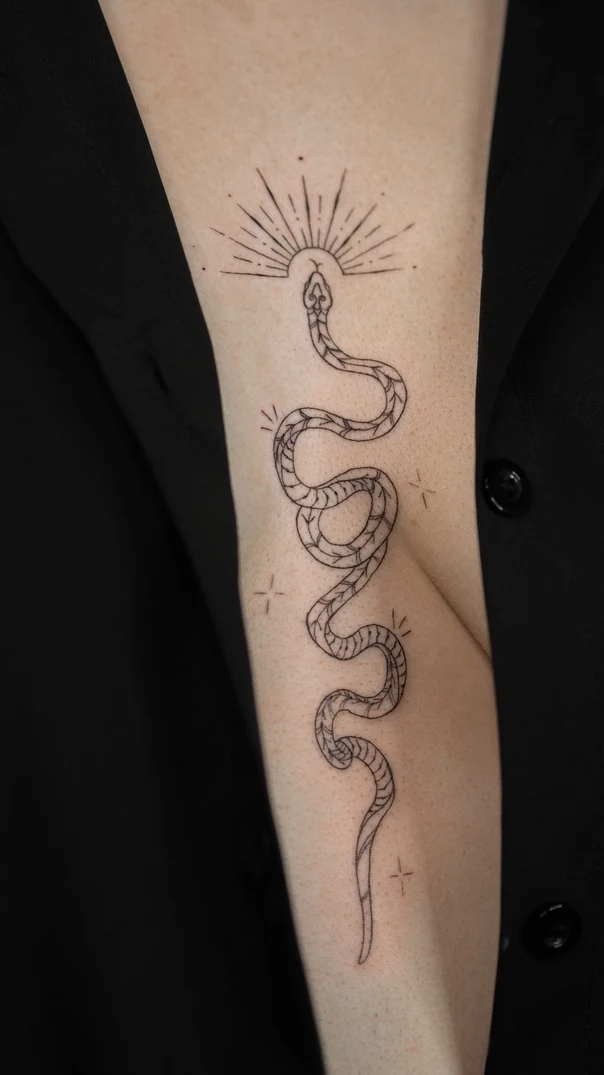 Лайнворк Snake, Sun tattoo на Предплечье