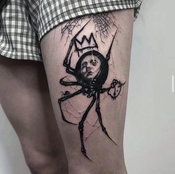 Блэкворк Spider, Face tattoo на Бедро