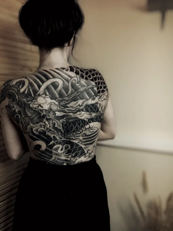 female black and grey japanese tattoo on full back #70186 | Tattoo Artist Mark Vinokurov