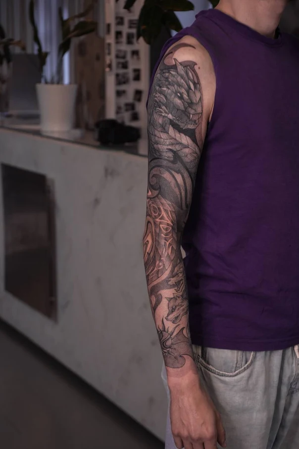 Blackwork Wolf, Dragon tattoo on Full Sleeve