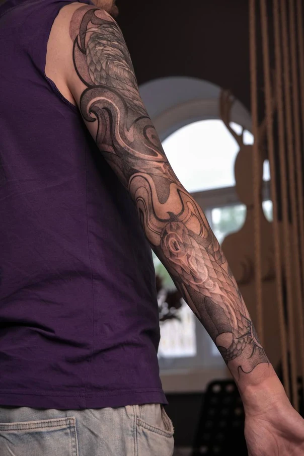 Blackwork Abstract, Waves tattoo on Full Sleeve