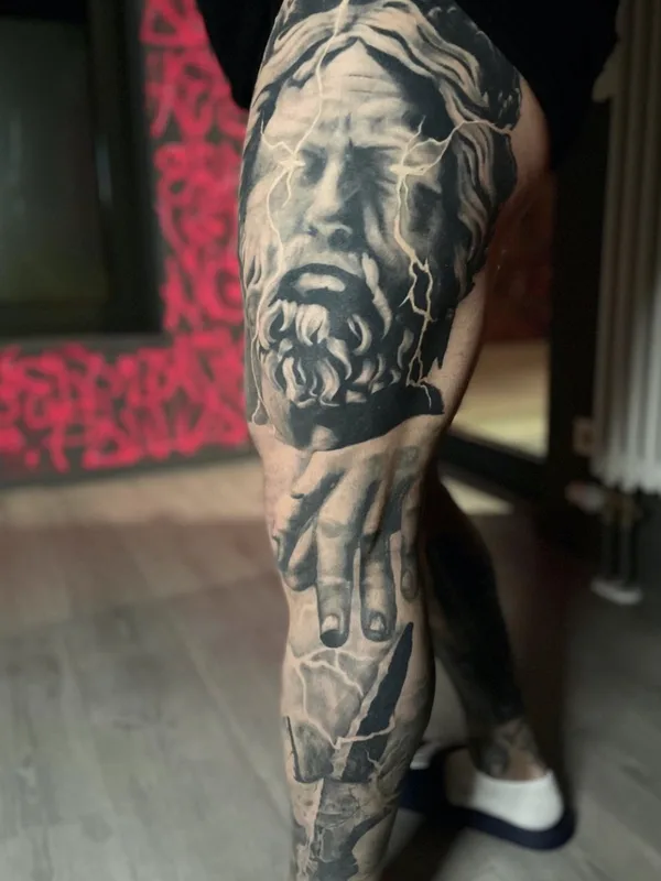 black and grey realism tattoo on thigh #70210 | Tattoo Artist Patrick Fumfar