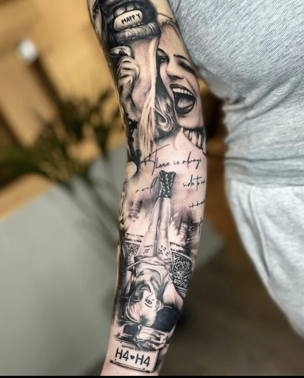 Black & Grey Portrait, Lettering tattoo on Full Sleeve