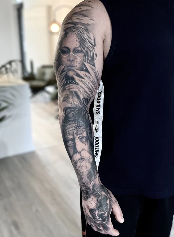 Realism Portrait, Wolf tattoo on Full Sleeve