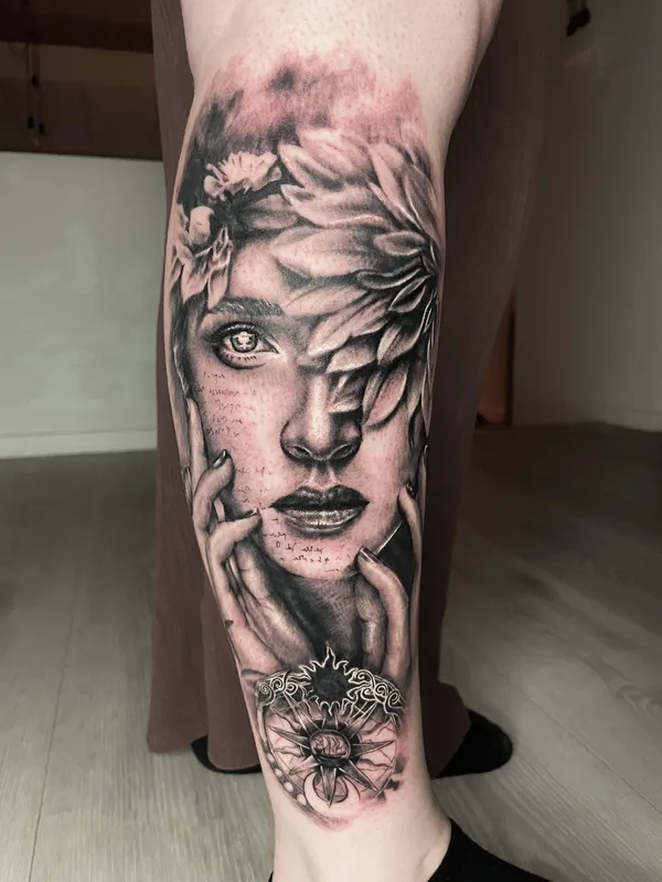 female black and grey realism tattoo on calf #70208 | Tattoo Artist Patrick Fumfar