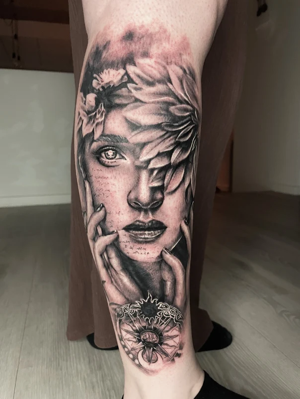 Realism Portrait, Flowers tattoo on Calf