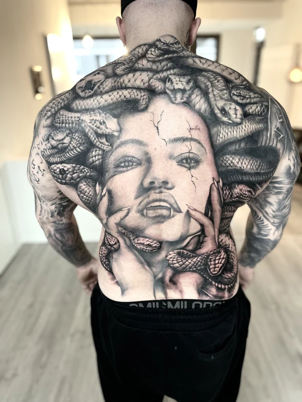 Realism Medusa, Snakes tattoo on Full Back