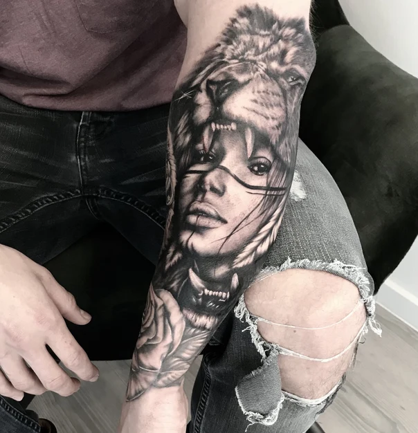Realism Lion, Face tattoo on Full Sleeve