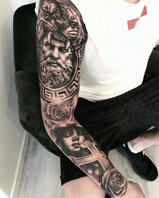 Realism Portrait, Roses tattoo on Full Sleeve