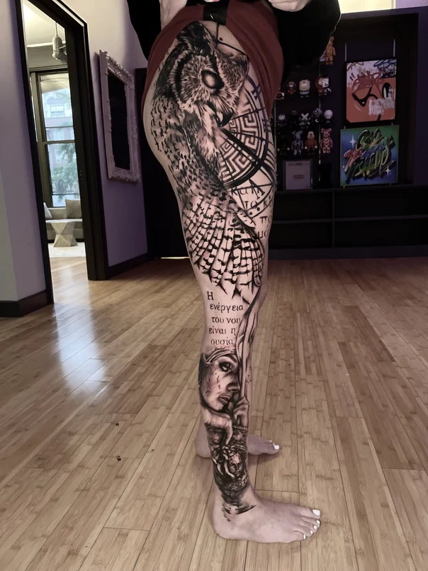 Realism Owl, Portrait tattoo on Full leg