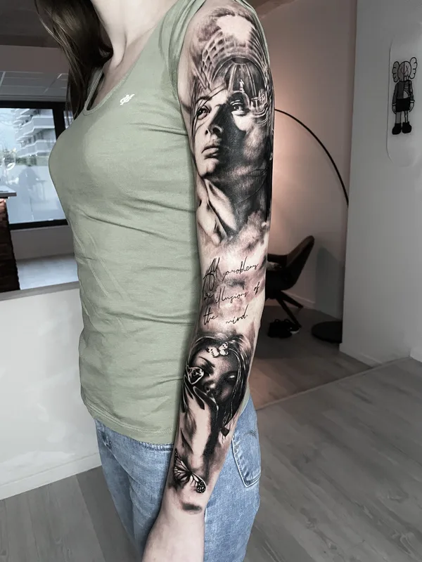 female black and grey realism tattoo on full sleeve #70212 | Tattoo Artist Patrick Fumfar