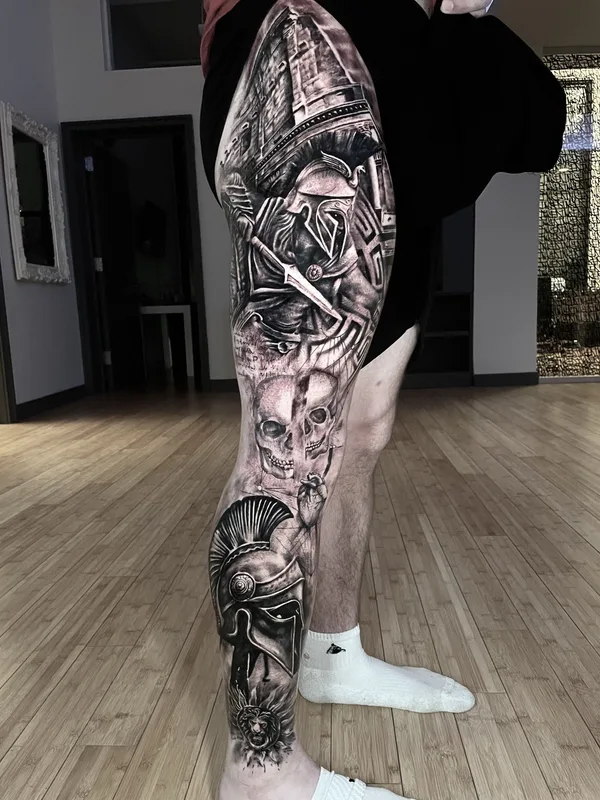male black and grey realism tattoo on full leg #70215 | Tattoo Artist Patrick Fumfar