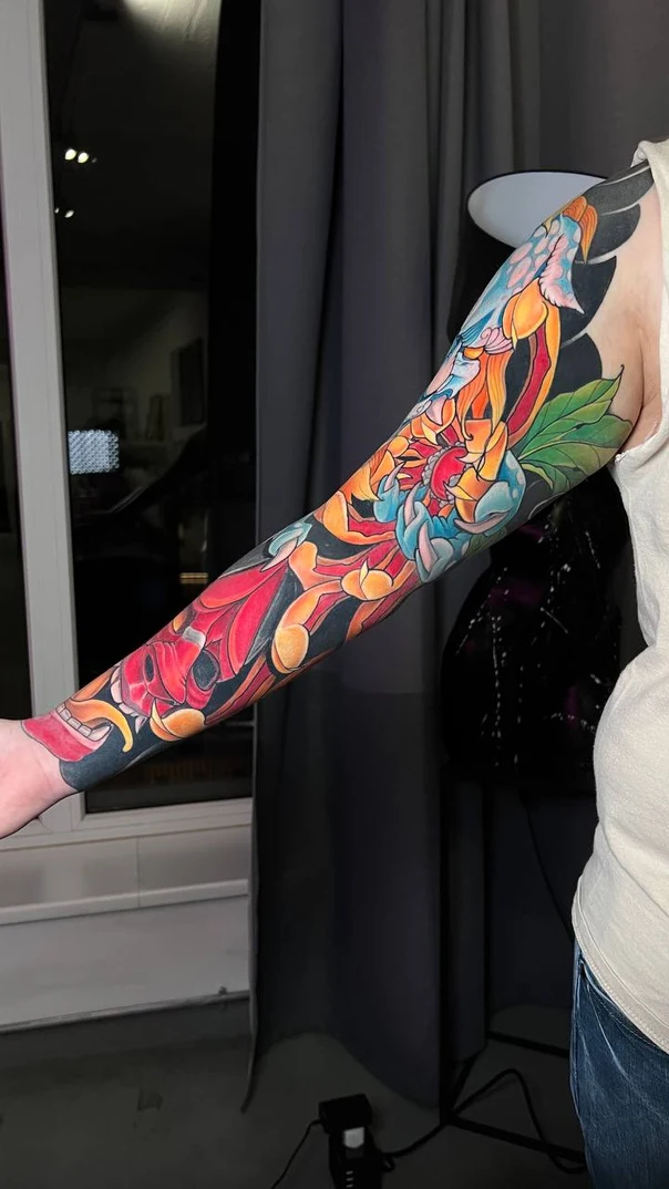 Japanese Floral, Demon tattoo on Full Sleeve