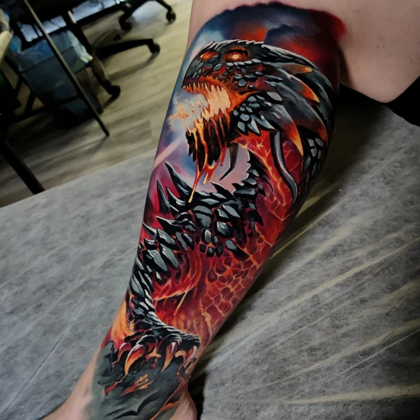 Реализм Dragon, Fire tattoo на Полный рукав