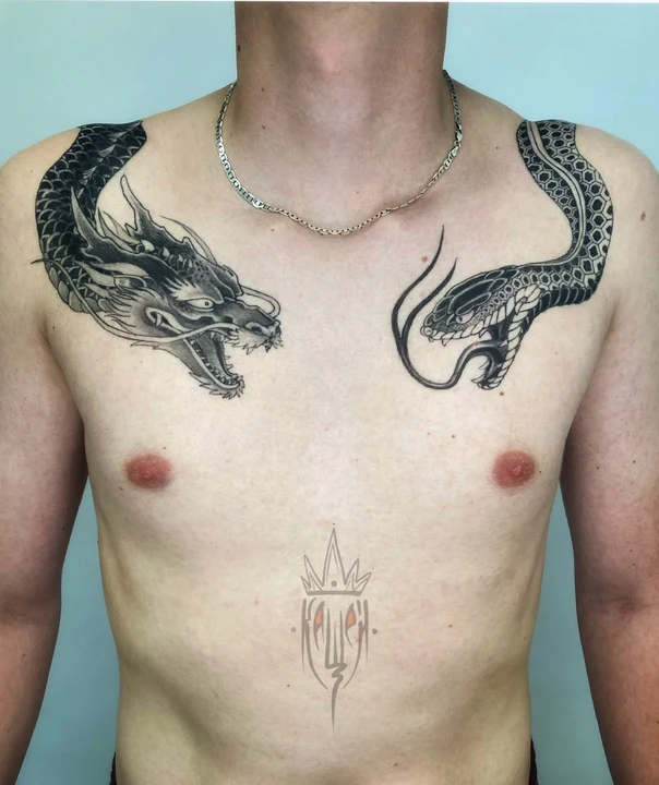 Японская Dragon, Snake tattoo на Грудь
