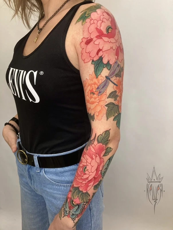 Японская Flowers, Dragonfly tattoo на Полный рукав