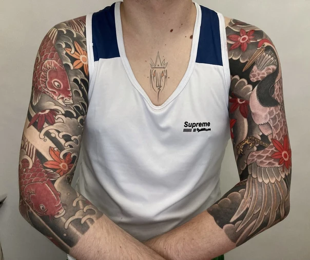 Japanese Koi, Crane tattoo on Full Sleeve