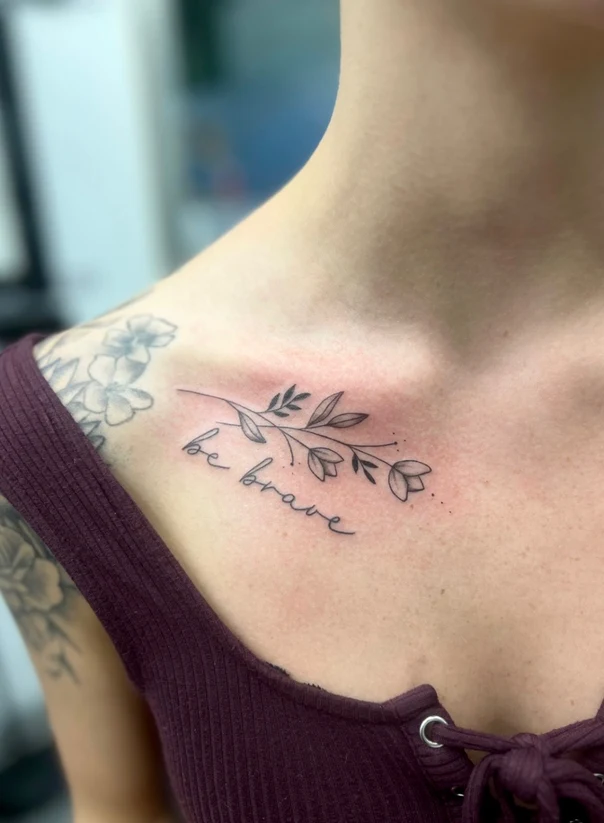 Fineline Floral, Lettering tattoo on Collarbone