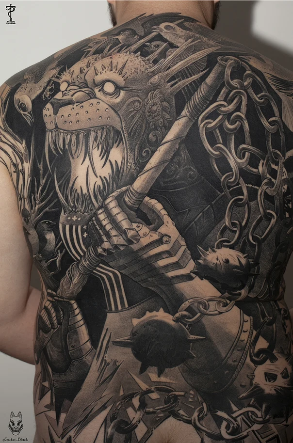 Блэкворк Lion, Chains tattoo на Спина (полная)