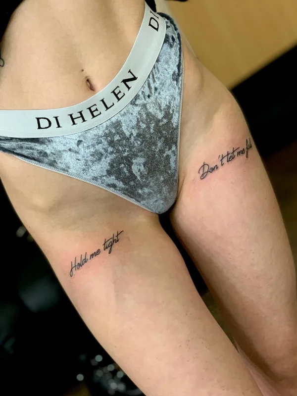 female black lettering tattoo on thigh #71049 | Tattoo Artist Krasnodar Ink