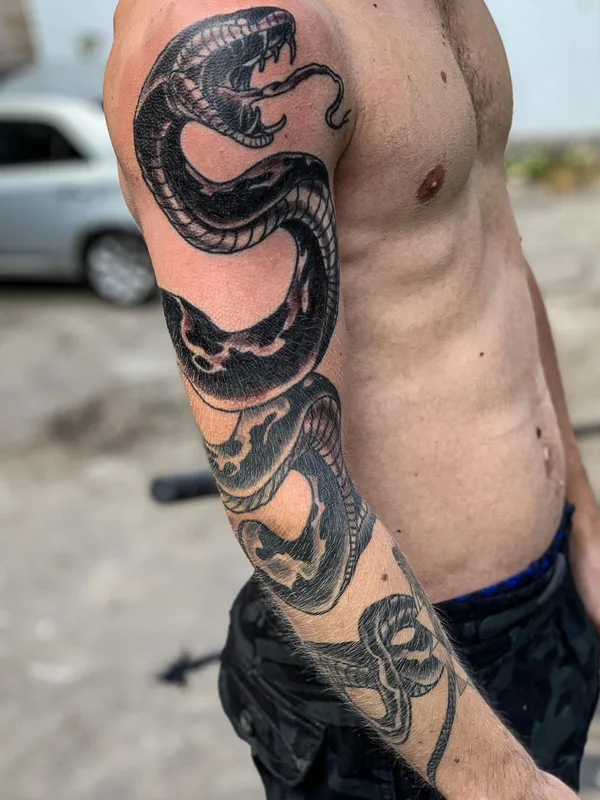 male black and grey blackwork tattoo on full sleeve #71052 | Tattoo Artist Krasnodar Ink