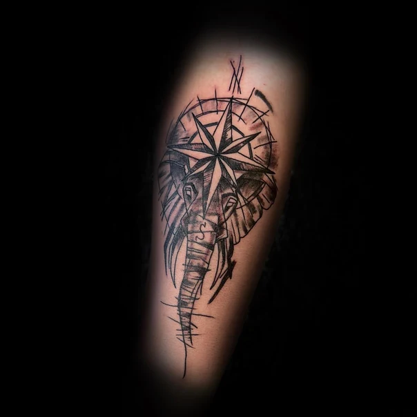 Скетч / Набросочная Elephant, Compass tattoo на Предплечье
