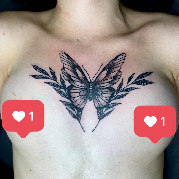 Лайнворк Butterfly, Leaves tattoo на Грудь