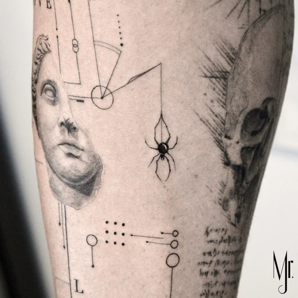 Sketch Statue, Spider tattoo on Forearm