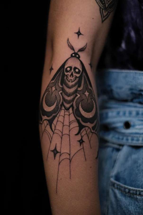 Blackwork Moth, Skull tattoo on Forearm