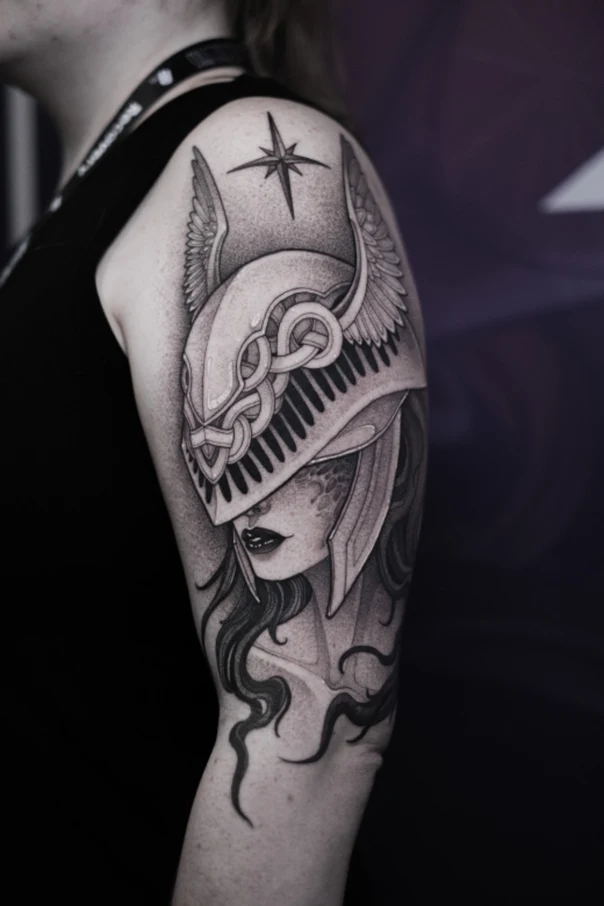 Black & Grey Woman, Helmet tattoo on Upper Arm