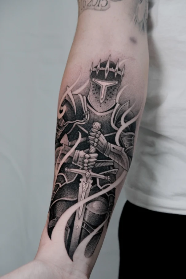 Black & Grey Knight, Sword tattoo on Forearm