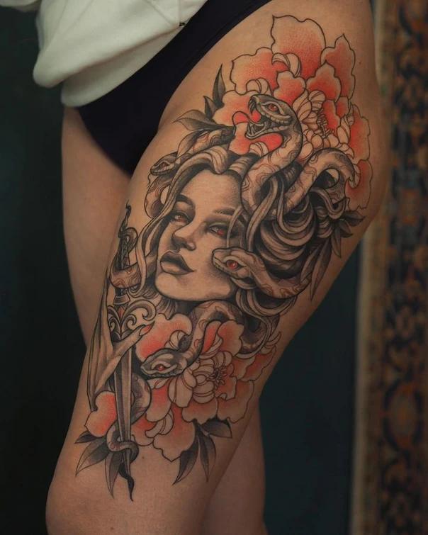 Realism Medusa, Snake tattoo on Thigh