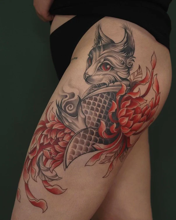 Japanese Cat, Flower tattoo on Thigh