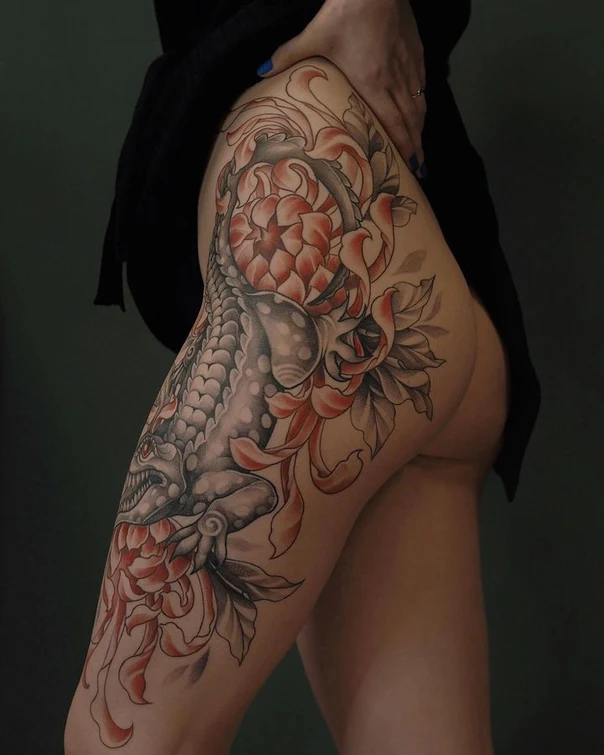 Japanese Fish, Flowers tattoo on Thigh
