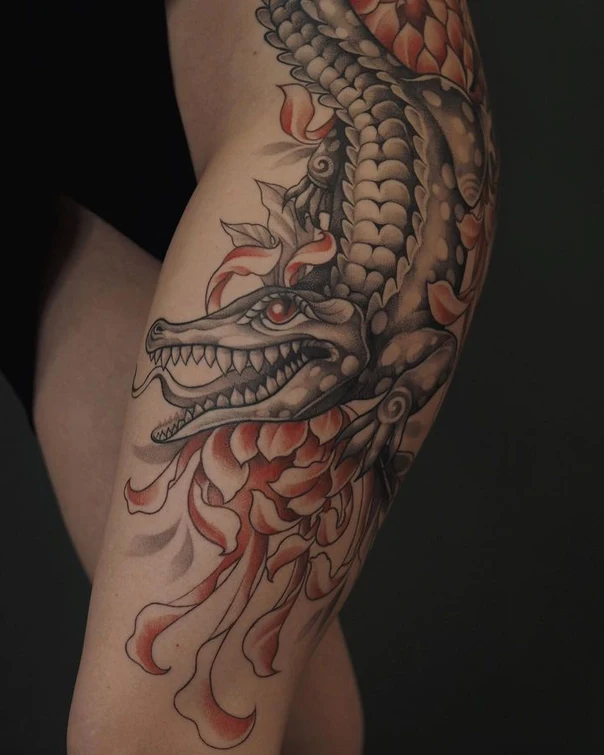 Neo Traditional Crocodile, Flowers tattoo on Thigh