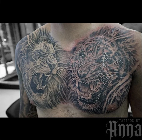 Realism Lion, Tiger tattoo on Chest