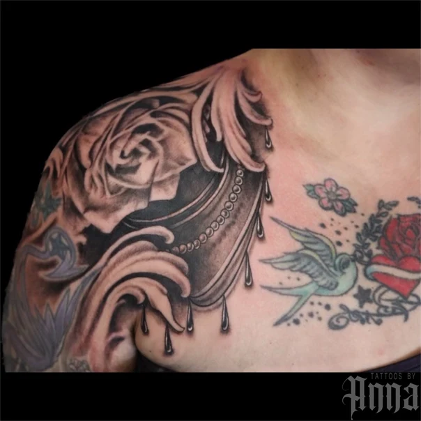 Black & Grey Rose, Swallow tattoo on Shoulder