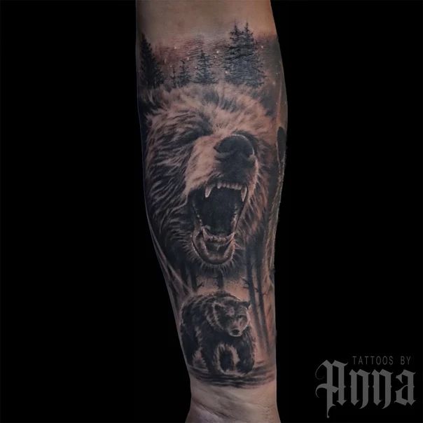Realism Bear, Forest tattoo on Forearm