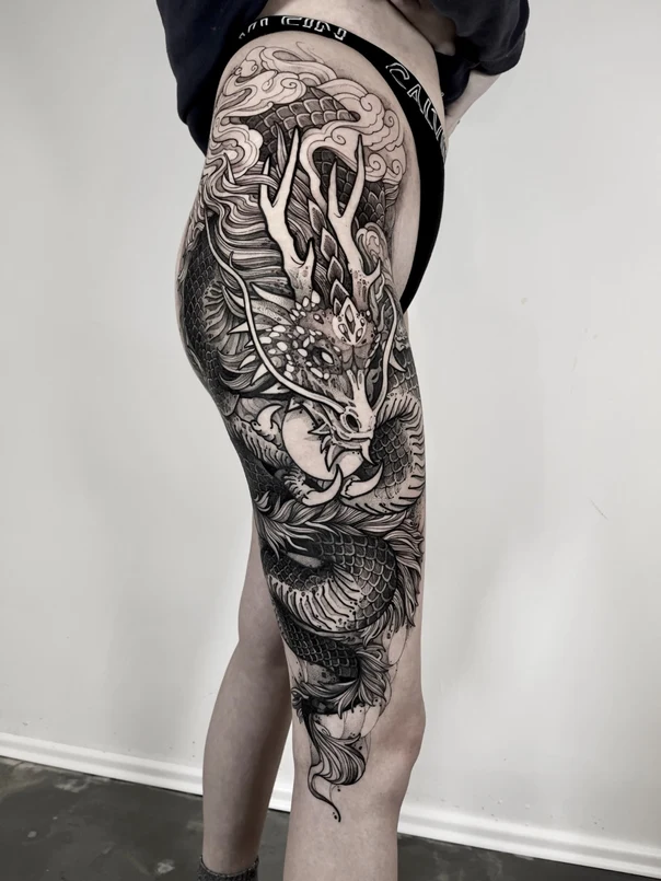 Japanese Dragon, Clouds tattoo on Thigh