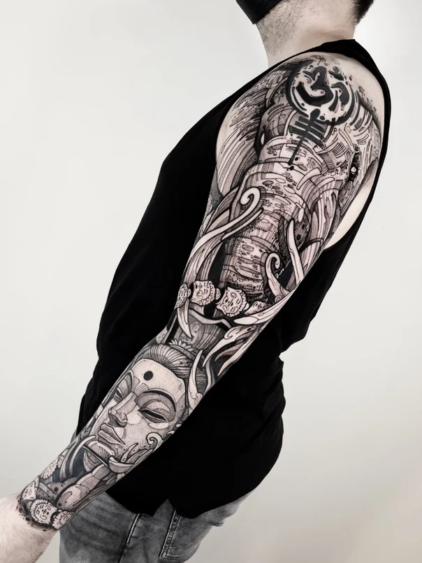 Blackwork Buddha, Elephant tattoo on Full Sleeve
