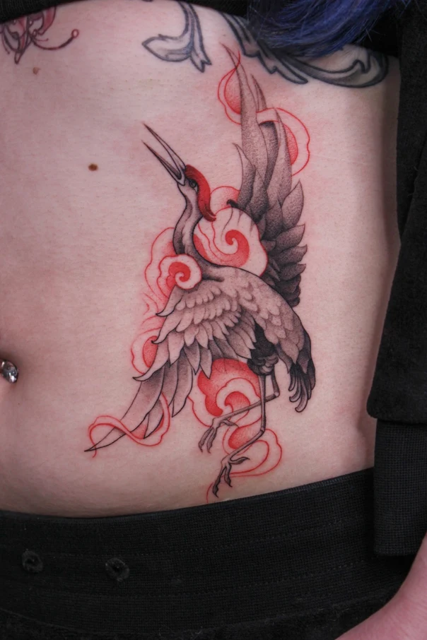 Japanese Crane, Clouds tattoo on Stomach