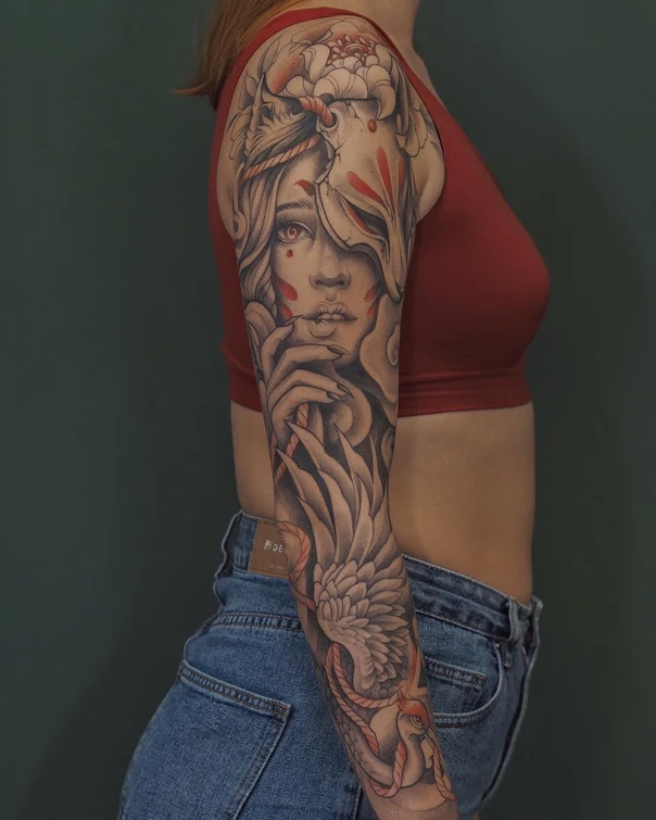 Japanese Kitsune, Peony tattoo on Full Sleeve
