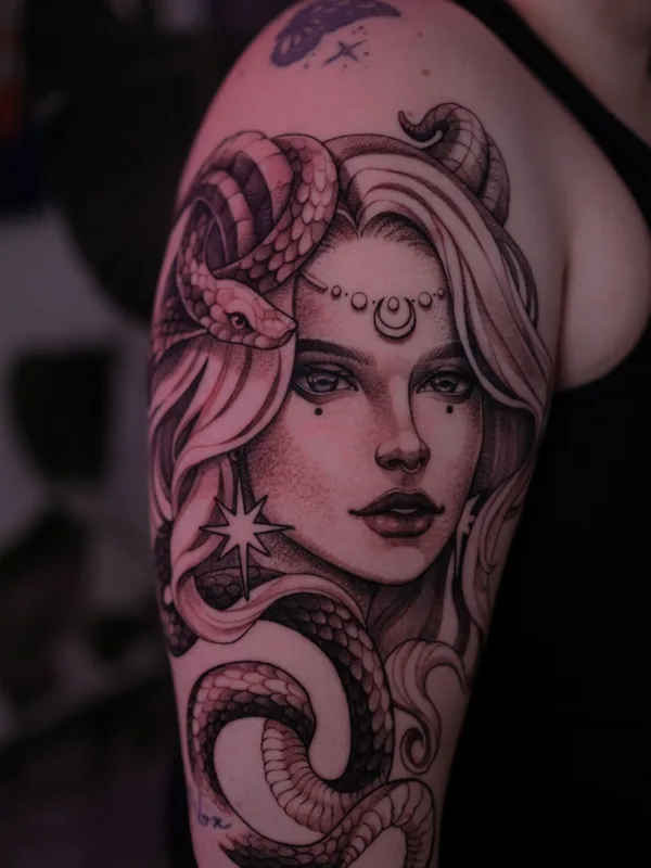 female black and grey realism tattoo auf upper arm #71481 | Tätowierer Daria More
